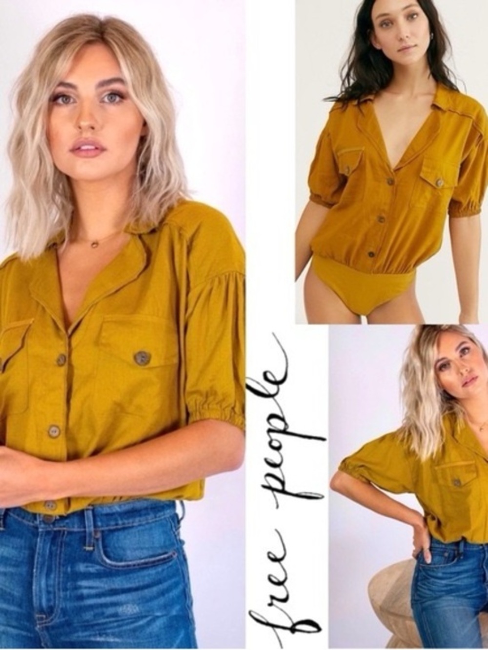 Women’s L Free People So Fari Linen Blend Bodysuit in Alchemy / Mustard